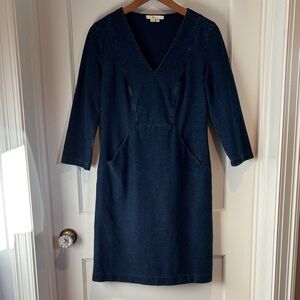 Boden Brontë Ottoman soft & stretchy pullover denim V neck dress with pockets